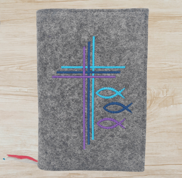 Gotteslobhülle in Dunkelgrau meliert, Kreuze, Fische